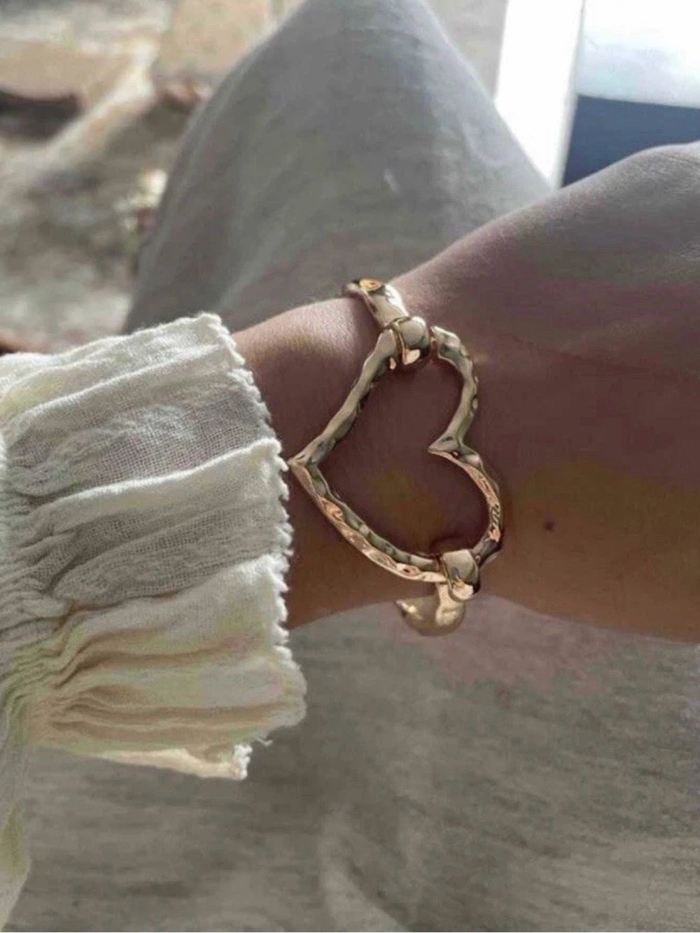 Gold Plated hammered Heart bangle bracelet cuff Stainles Steel Womens jewelry